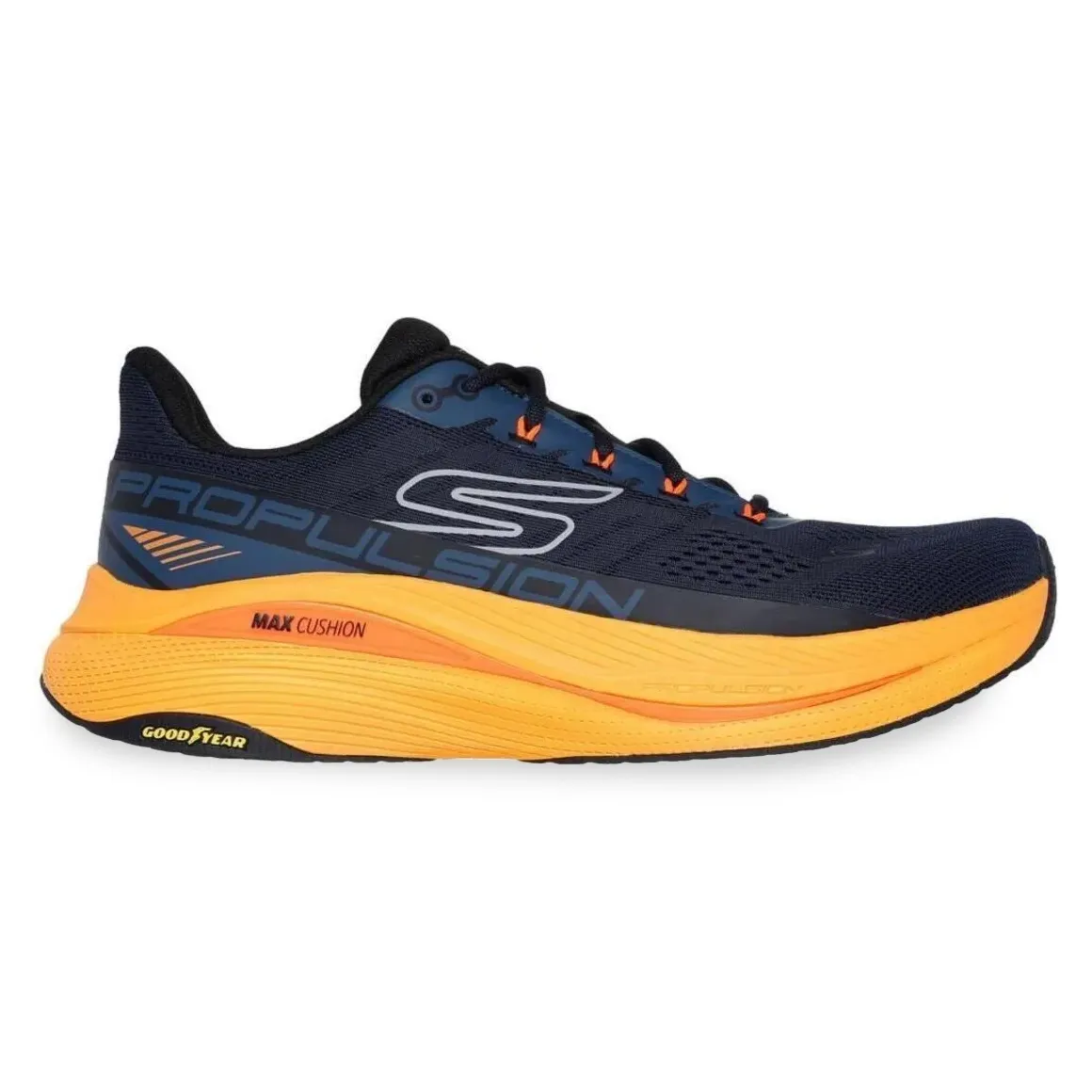 Tênis masculino Skechers Max Cushioning na cor marinho com detalhes laranja, material sintético e fechamento em cadarço.